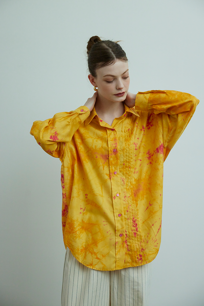 [60%]Tie-dye Pin tuck blouse (orange)