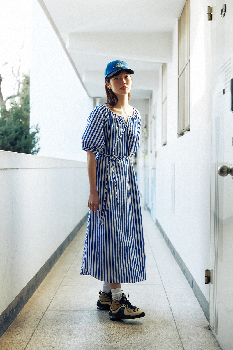 [50%]Stripe puff raglan Summer dress (blue)