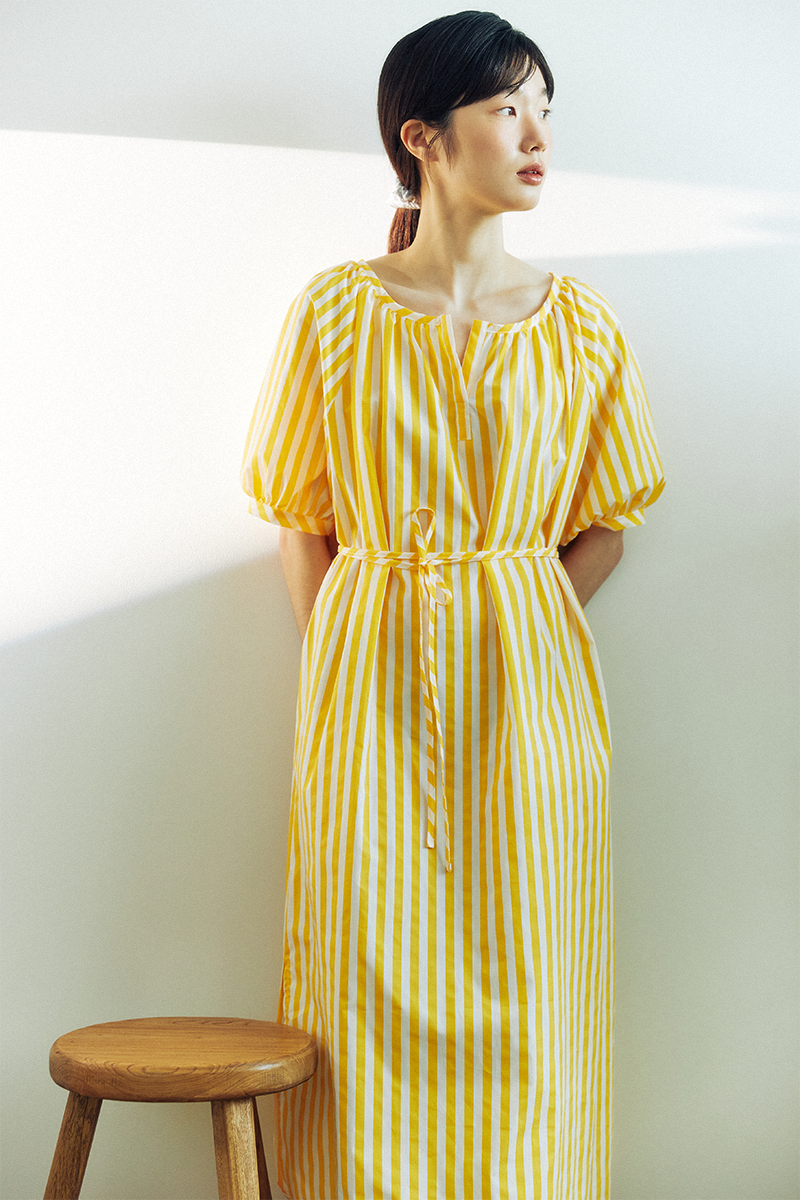 [50%]Stripe puff raglan Summer dress (Yellow)