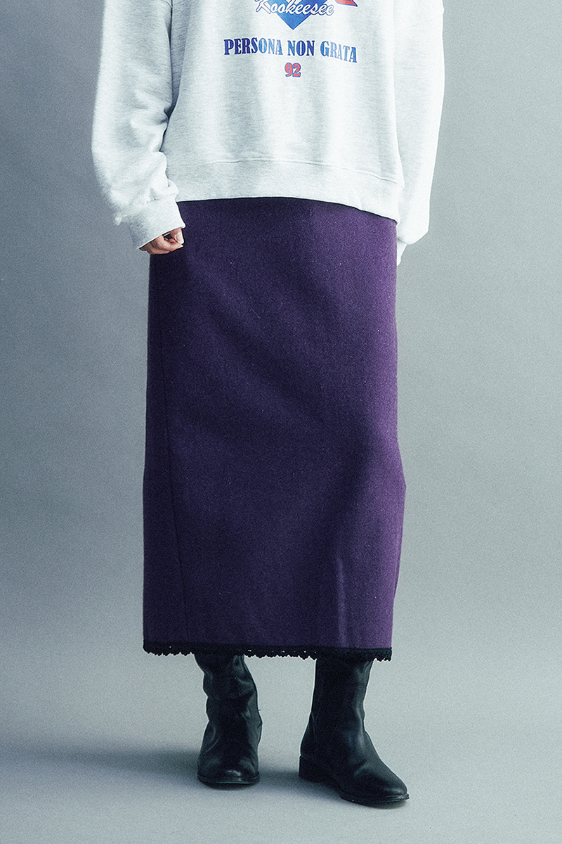 Wool Melton Lace Skirt (Purple)
